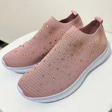 Shiny Crystal Knitted Sneakers Women 2023 Spring Breathable Mesh Flats Woman Plus Size Slip on Running Casual Shoes