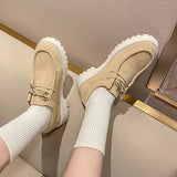 Size 34-41 Women Casual Loafers Real Leather Flats Platform Shoes For Women Chunky Heel Retro Ladies Lace-Tie