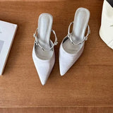 Breakj Summer New Fine Heel High Heels Pure Color Flower Pointed Sandals Sweet Sexy Back Empty Slippers