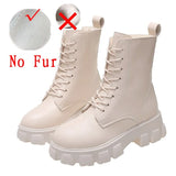 Platform Ankle Boots for Women 2021 Autumn Winter Warm Plush PU Leather Botas Mujer Thick Sole Lace Up Shoes