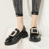 Crystal metal buckle oxfords british small leather shoes women 2023 slip on flats thick heels matte&shiny leather