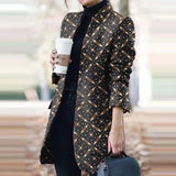 Winter New Fashion Women Stand Collar Print Jackets Casual Long Sleeves Elegant Office Lady Cardigan Slim Buttons Jackets 1020