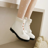 2021 Autumn Winter Lolita Ankle Boots for Women Chunky Heels Pink Black White Cute Bowtie Faux Fur Ladies Warm Shoes Side