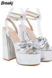Buckle Platform Women Sandals Summer 2023 New Hot Sexy Elegant Rhinestones Shoes Thick Heels Sandals Bowknot Decor