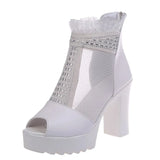 2020 Sexy Cutout Women Sandals Mesh Lace Square High Heel Summer Shoes Woman Pumps Crystal Peep toe Gladiator Sandals After
