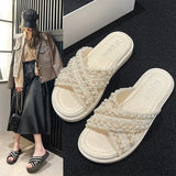 Breakj Bottom Slippers Women 2025 Summer Korean Version Of The New Small Fragrant Wind Cross Pearl Fashion Wearing Loose Cake Cool