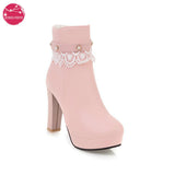 2022 Sweet Ankle Boots Lolita Appliques Platform Super High Heel Pearl Rivet Lace Cosplay Thick Sole Shoes Pink White Red