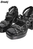 New Thick Sole Mary Jane High Heels Ladies Metal Chain Buckle Gothic Black Punk Cosplay Fashion Casual Street High