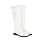 Winter Warm Women's Sweet Lolita Bowknot Boots Rabbit Fur Plush Booties Chuncky Heels Low Heel Knee High Boots Pearl