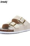 New Summer Beach Holiday Women Cork Slipper Casual Buckle Non-slip Outside Nubuck Leather Slides