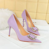 Breakj Fashion Banquet High Heels Fine Heel Shallow Pointed Satin Metal Water Diamond Buckle Single Shoe