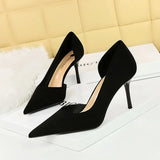 Breakj Korean Version Of Fashion Simple Heel High-Heeled Shoes Show Thin Suede Shallow Tip Side Hollow Single Shoe High