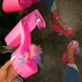 Breakj Hairy Word With High-Heeled Sandals Women's One-Character Thick Heel Waterproof Table Fashion