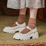 Mary Janes Shoes Women Natural Genuine Leather Platform High Heels Buckle Strap Thick Heel Ladies Footwear Spring