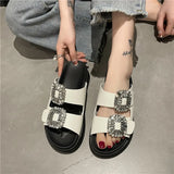 Brand Rhinestone Shoes Ladies High Heels Platform Sandals Double Buckle Band Slippers Woman Muffins Crystal FlipFlops