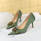 Breakj Fashion Banquet Women's Shoes Heel High Heel Shallow Pointed Big Metal Buckle Single Shoes High