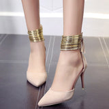 2020 Spring Autumn Women Pointed Toe Flock Pumps Curve Super High Party Fashion Metal Strap Shoes Ladies