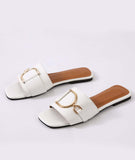 Breakj Color Large Square Head Metal Buckle Fluorescent Flat-Bottomed Slippers Women's Shoes Fashion