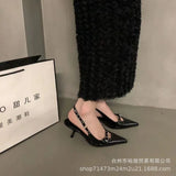 / Summer 2023 New Belt Buckle Tip Fine Heel Middle Heel Empty Head Sandal Temperament Rivet Low Heel Single Shoe