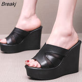 High Heels Slippers Women Leather Shoes Summer 2023 Platform Wedges Slides Ladies Slippers for Office Plus Size