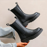 Chelsea Boots Chunky Boots Women Winter Shoes PU Leather Plush Ankle Boots Black Female Autumn Fashion Platform