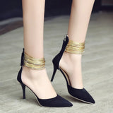 2020 Spring Autumn Women Pointed Toe Flock Pumps Curve Super High Party Fashion Metal Strap Shoes Ladies
