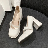 2024 New Bow Buckle Belt Single Shoes Sweet Vintage French Pink Thick High Heels Mary Jane Shoes