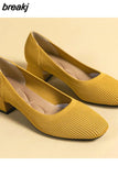 Size Women's Square Toe High Heels Mixed Color Casual Breathable Knitted Shoes Square Heel Shoes Zapatos De Mujer