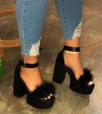 Breakj Hairy Word With High-Heeled Sandals Women's One-Character Thick Heel Waterproof Table Fashion