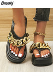 Sumer Women Colorful Graffiti Printed Platform Flip Flops Golden Chain Casual Sandals Ladies Beach Shoes Outdoor