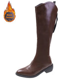 Winter Cowboy Western Boots Women Fashion Pointed Toe Thick Heels Knee High Boots Woman Back Zipper Pu Leather Long