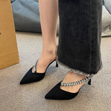 New Fashion Women Pointed Toe Dress Rhinestone Wedding Party Pumps Black Suede Sandal Crystal Embellished High Heels