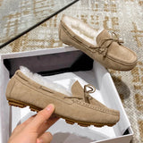 Winter Shearling Wool Shoes Woman Lambs Fur Flats Genuine Leather Mocasines Mujer Bowtie Loafers Warm Plush Boots
