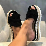 Version Of The New Large-Size Linen Thick-Bottom Slippers Women Bow Linen Rope Slope And Beach Cool