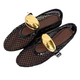 Breakj Plate Round Head Niche Fish Grid Hollow Ballet Shoes Women New Fashion Simple Flat Belt Buckle Single