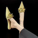 Women's Mules Shoes Pointed Toe Low Heel Women's Slippers Summer Metal Chain Female Sandals Woman Closed Toe Casual