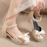 Silk Bowknot Platform Mary Jane Shoes Women 2023 Autumn Pearls Strap Pumps Woman Patent Leather Party Wedding