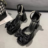 lace Bowknot Pearls Strap Platform Pumps Women Thick Heels Mary Jean Shoes Woman Square Toe High Heeled Shoes