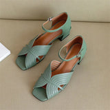 Sandals Shoes Women Genuine Leather Ankle Strap Shoes Med Thick Heel Sandals Square Toe Cow Leather Lady Sandals