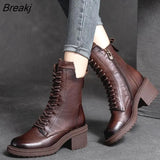2023 Cow Leather Quality Women Shoes Autumn Winter Square Med Heel Ankle Boots Lace Up Zipper Ladies Pumps Size
