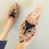 Size 35-43 luxury metal studs crystal fox modern slippers women summer shoes sandals slides metalic pointed toe mules