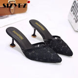 High Heels Slippers Women New Summer Shoes Women Fashion Pointed Toe Casual Slides Black Slip-On Thin Heels Female