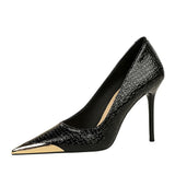 Breakj Retro High Heels Fine Heel Banquet Women Shoes Snake Grain Patent Leather Shallow Mouth Metal Pointed Head High Heel Single