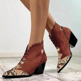 Fashion Women's Autumn and Winter Lace PU Leather Cowboy Ankle Boots Rivets Women's High Heels Ankle Boots Snake