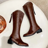 Winter Cowboy Western Boots Women Fashion Pointed Toe Thick Heels Knee High Boots Woman Back Zipper Pu Leather Long