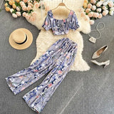 Summer Women Holiday Style Chiffon Printing Two Piece Set Short Shirt High Waist Wide Leg Pants Ladies Idyllic Style