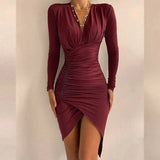 Vintage Leopard Printed Women Slim Party Dress Spring Autumn Ladies Elegant Irregular Dresses Sexy Deep V Neck Draped Slit