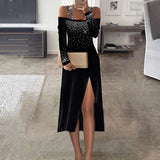 Fashion Sequins Halter Long Dress Sexy Shoulderless High Split Women Party Dress Elegant Solid Ladies Long Sleeve Bodycon