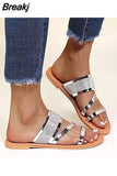 2023 New Women Gold Silver Flats Slip-On Sandals Bling Rhinestone Narrow Band Slippers Outdoor Beach Shoes Casual