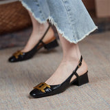 Shoes Women Natural Genuine Leather Square Toe Med Heels Pumps Meta Decoration Slingbacks Thick Heel Lady Shoes
